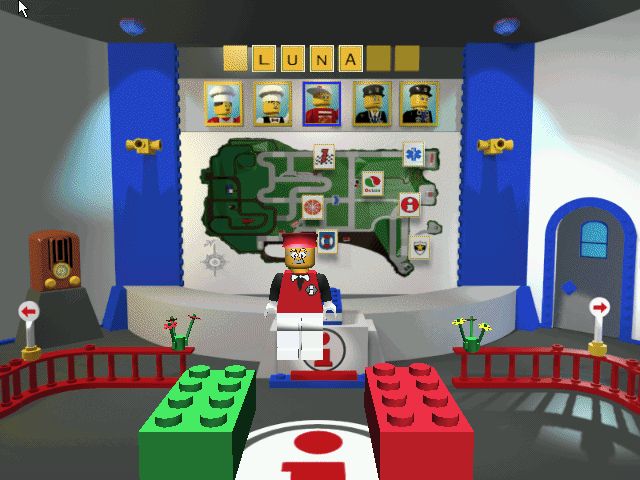 LEGO Island screenshot of the Infomaniac presenting you with a green brick to leave the game and a red brick to stay in the game.