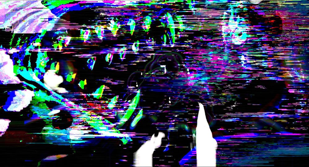 Heavily glitched frame from Princess Mononoke of Moro about to bite off Eboshi's arm.
