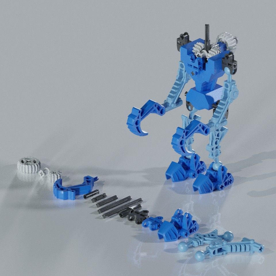 3D render of pieces of the Gali Bionicle set minus the head. Also the torso piece is still being modeled so it is very rigid and low poly at the moment.