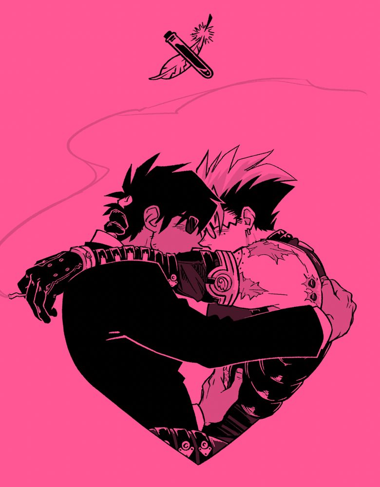Black and pink cover drawing of vash sitting in wolfwood's lap smoking. Feather and vial icons crossed overhead.