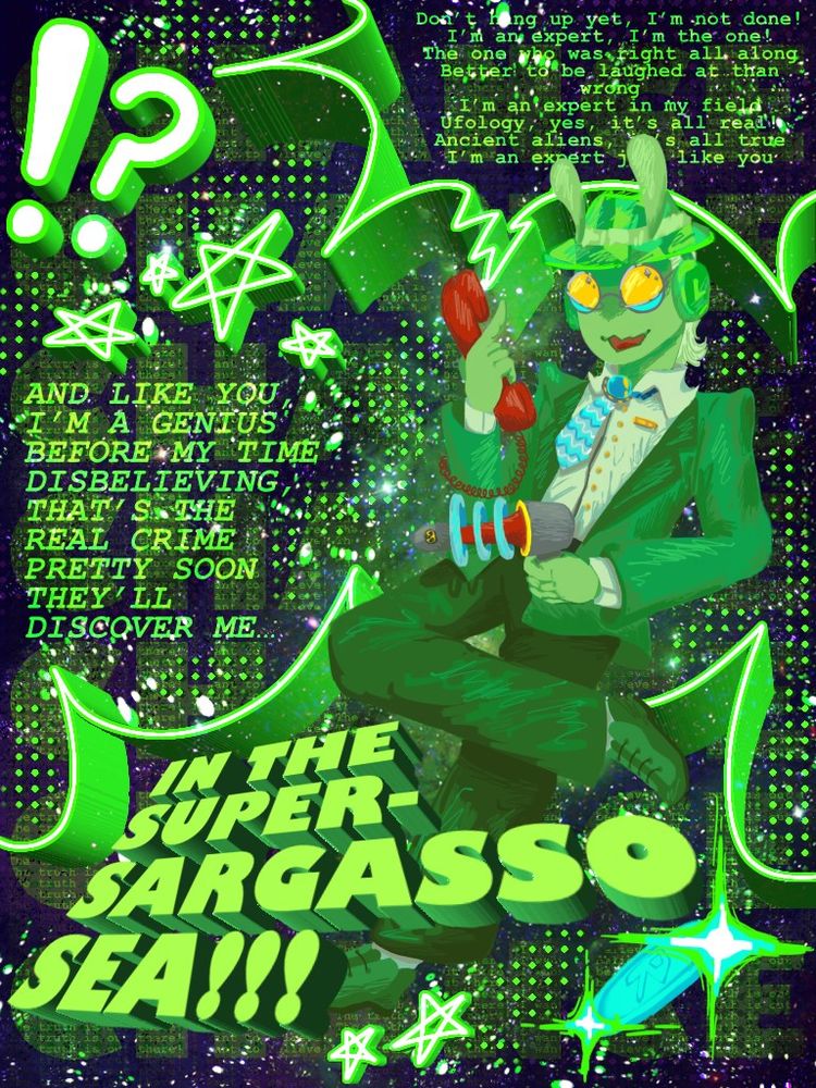 A drawing of the Alien skin for Chance from the Roblox game Forsaken accompanied by lyrics from "Touch-Tone Telephone" by Lemon Demon
