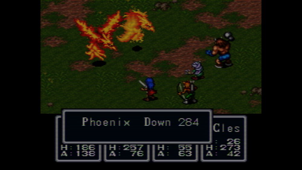a battle in breath of fire with two phoenix enemies. one of them has been attacked, causing a message box to appear saying "Phoenix Down 284".