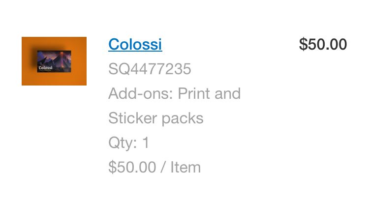 Screen shot of Colossi card game plus print and sticker pack order confirmation