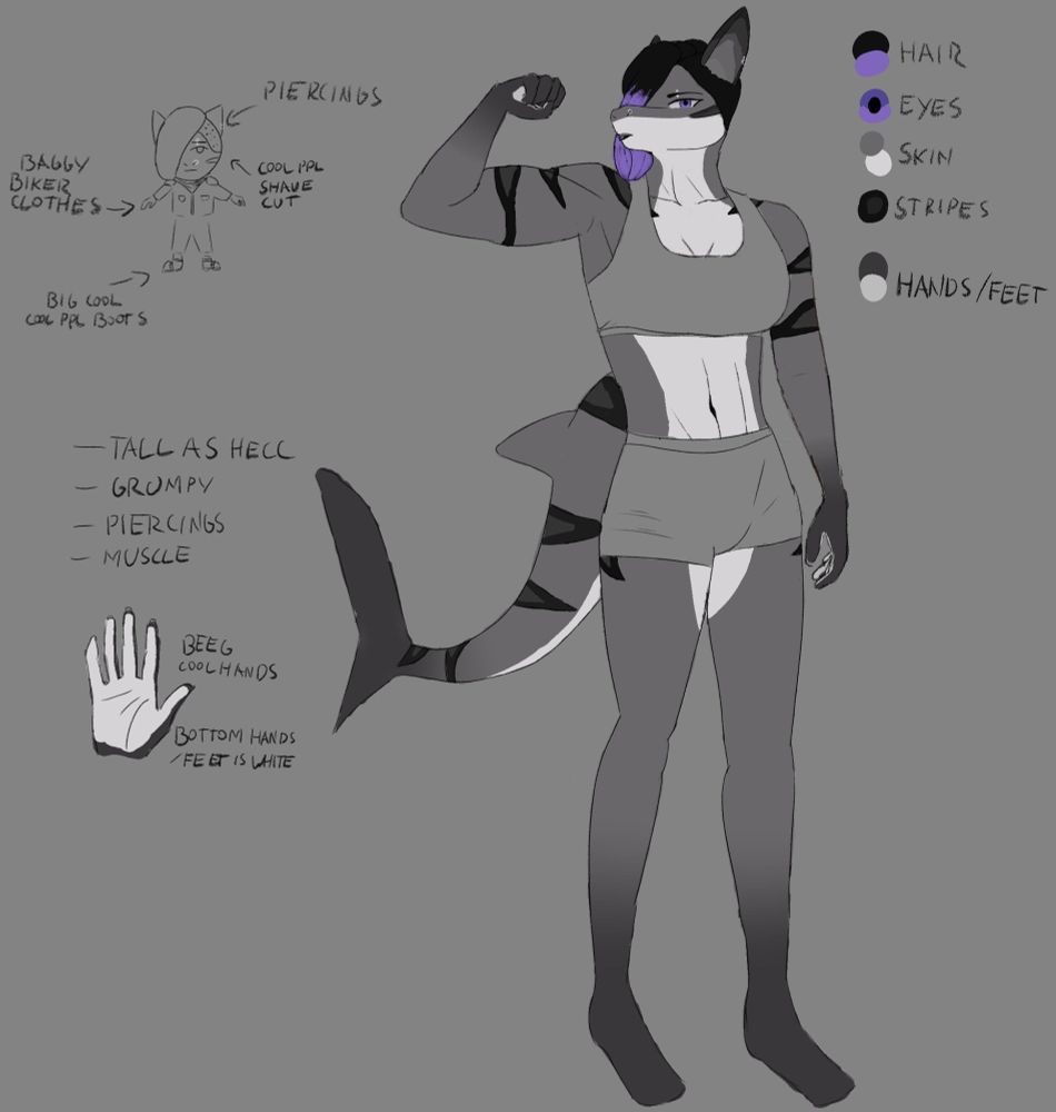 A character reference sheet of a tall, anthropomorphic and muscular tiger shark woman. She has purple side-swept hair.