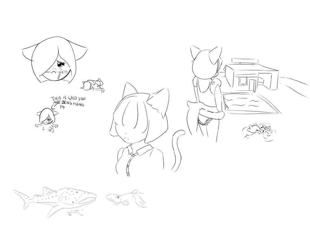 Assorted doodles on a big canvas of the two sharks from before and a few character drawings. One of @zaivurinarts' anthro cat lady and a few doodles of Rose while crying and swimming.