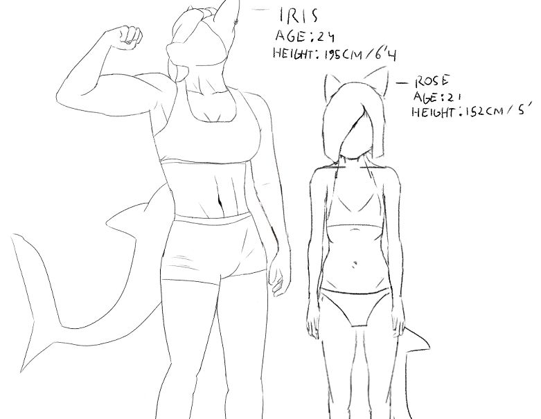 a drawing of two characters side by side. One is a lot taller than the other. The first character is called Iris, is 24 years old and is 196 cm or 6'4 tall. The shorter one is called Rose, aged 21 and 152 cm or about 5' tall.