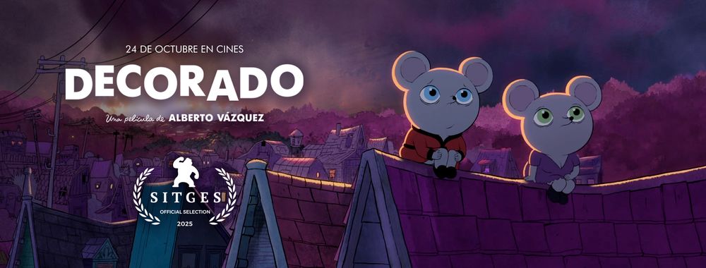 Presentación de la película Decorado. Dos ratones dibujados subidos en el tejado de una casa miran a la lejanía, mientras a su espalda se produce un incendio. Todo dibujado en tonos poco llamativos jugando con tonos rojizos y violetas.