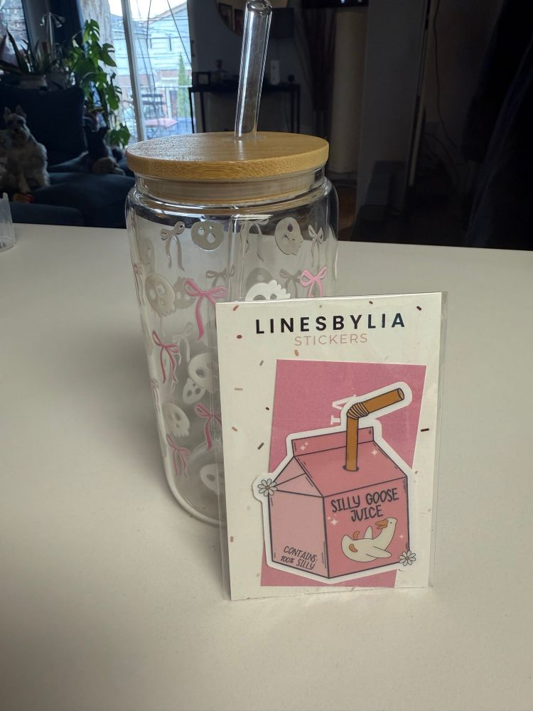 A glass jar with pink bows and skulls and a sticker of a juice box that is pink with the words “silly goose juice” and contains 100% silly with a straw 