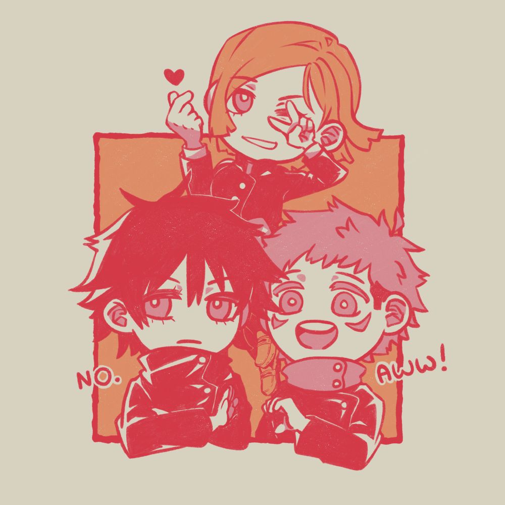 Chibis of Itadori, Fushiguro, and Kugisaki from Jujutsu Kaisen. Box frame around them, Itadori and Fushiguro on the same level below and Kugisaki jumping higher behind them. Itadori makes half of a heart with one hand, but Fushiguro rejects him with a flat hand, averting his gaze. Kugisaki makes a peace sign with one hand and a Korean finger heart with the other. Color scheme of flamingo red lines and harsh shadows, orange background and hair for Kugisaki, rose hair for Itadori and eyes.