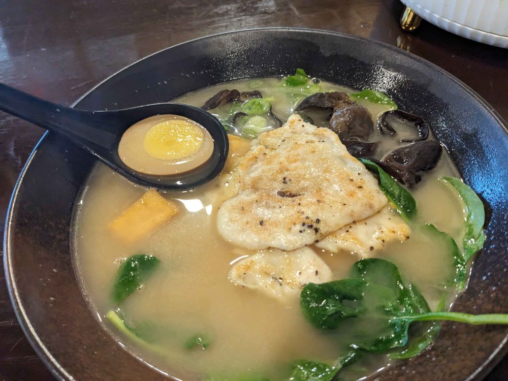A big bowl of chicken ramen with pieces of chicken, fried tofu, and woodear mushrooms, leafy greens, and a cut egg.