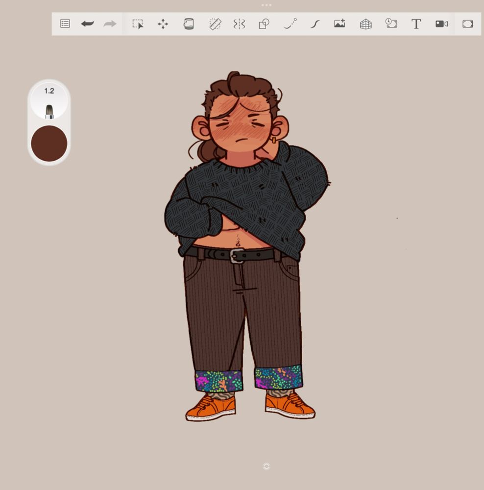 Digital drawing of Friederick, the artists OC, wearing a thick sweater with brown cord trousers, looking sleepy.