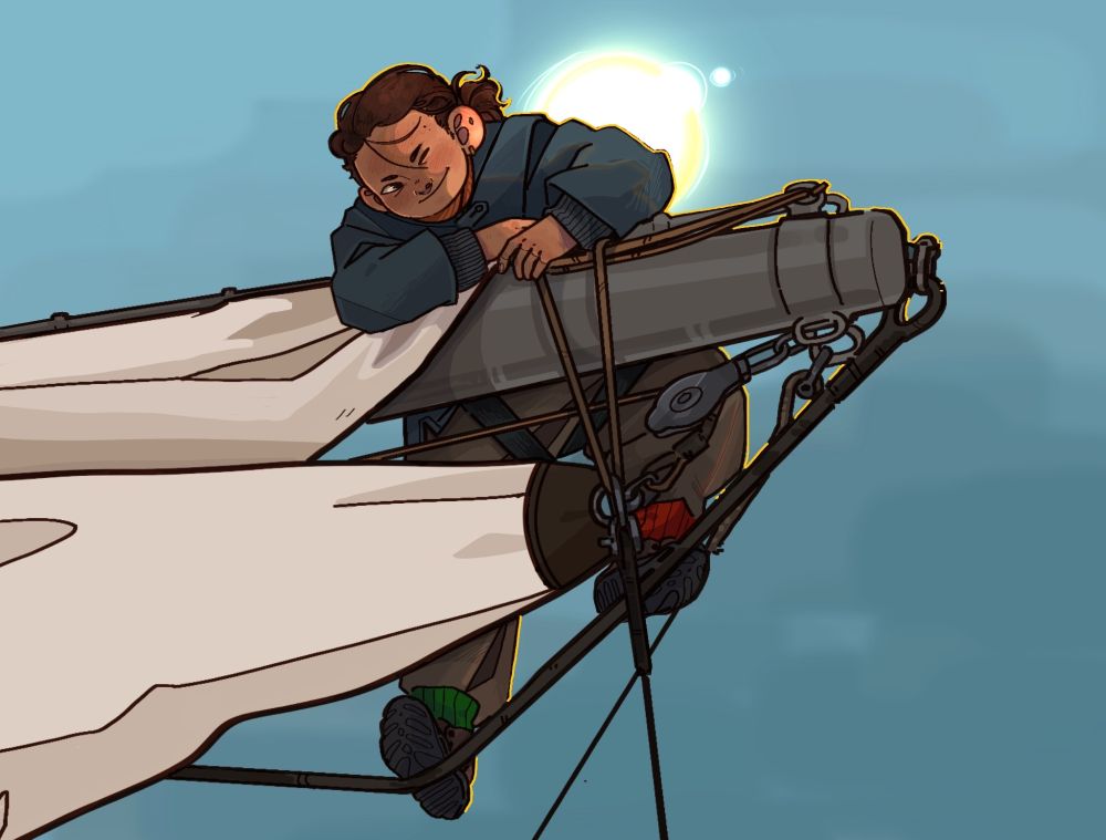 digital drawing of Friederick, the artists OC, up on the yard of a sailing ship, grinning