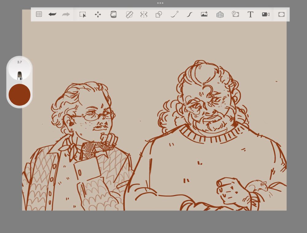 Digital sketch of Abe and Leech, two OCs. Abe is looking at Leech with a smile while Leech is focused on a mouse sitting on his arm.