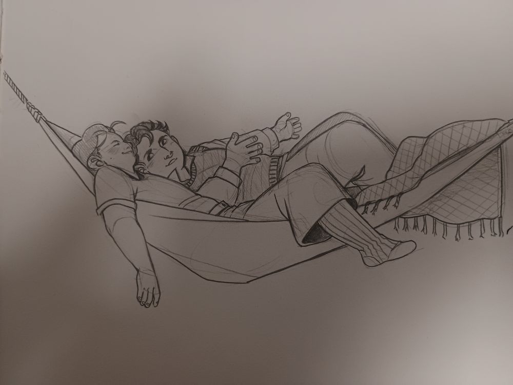A pencil drawing of Friederick and Kade, two OCs, sharing a hammock. Kade is gesturing and talking, while Friederick is listening to her.