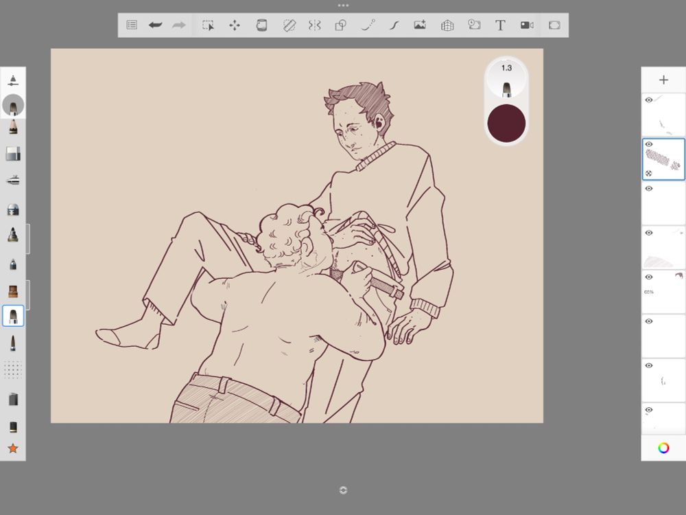 Digital drawing of Sigurd and Jens, two OCs. Sigurd is kneeling before Jens, shirtless as he's kissing his stomach while opening his trousers.