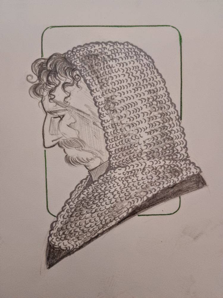 Pencil drawing of Wreg, an OC. He's wearing a chainmail hood and is shown from his side profile.