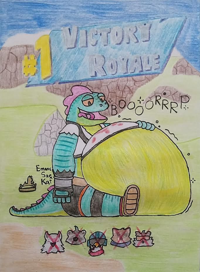 Lizzik, an anthropomorphic lizard from Fortnite, sitting out in the open with a hand on his belly due to it becoming big & full. He lets out a belch, indicating that the opponents he swallowed whole have all been digested and would end up as extra weight on his body. A Victory Crown sits nearby as Lizzik is declared the winner of the battle royale, and icons of the five people he ate are all marked out with red Xs. From left to right, the icons are of five other Fortnite characters: Fletcher Kane (an anthro wolf), Rufus (an anthro raccoon), Captain Talon (an anthro eagle), Hajime (an anthro tanuki), and Skillet (an anthro opossum).