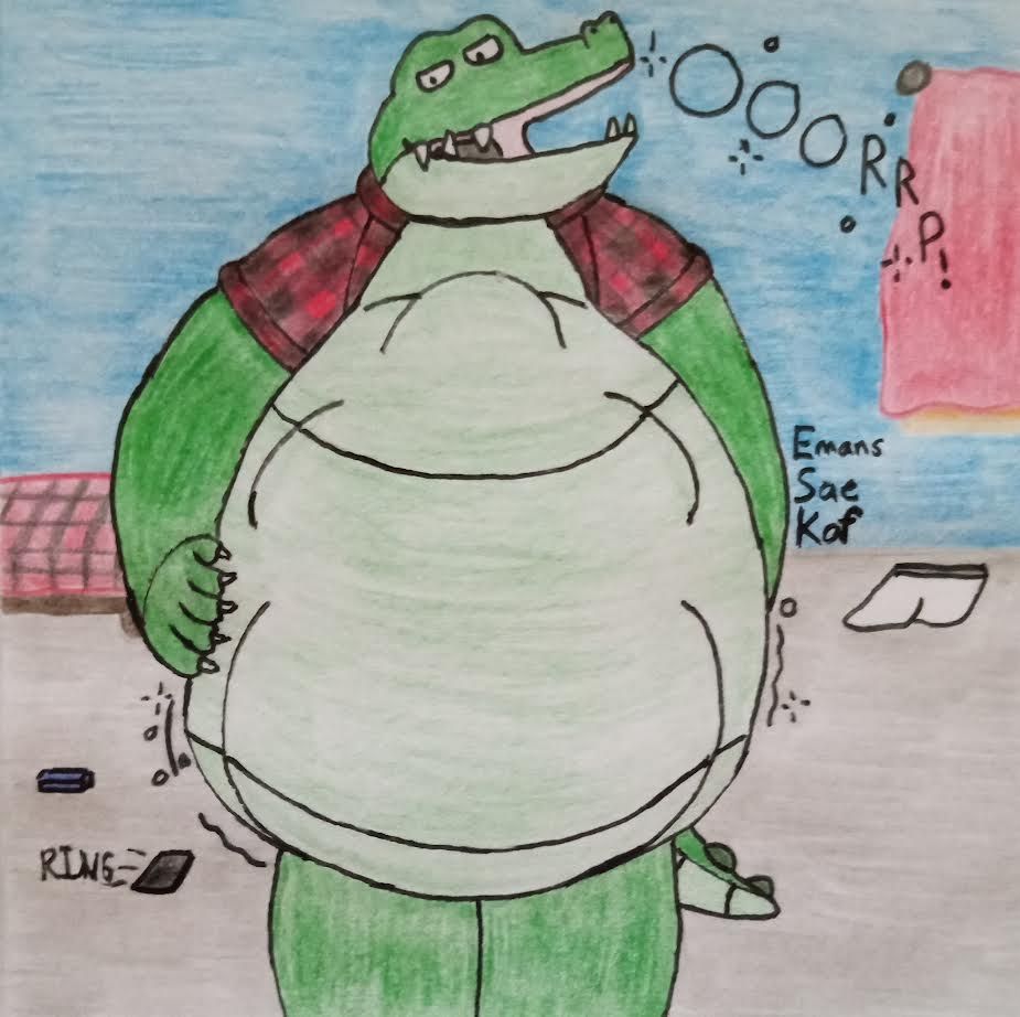 Emans (a fat anthropomorphic crocodile) belching after eating someone whole on Thanksgiving. His belly contains the prey he ate as they sit in there, and on the floor behind him is his prey's underwear, the prey's cell phone and a rectangular box of a snack that the unknown person was going to share before they ended up in Emans's belly. He is looking at the viewer as well.