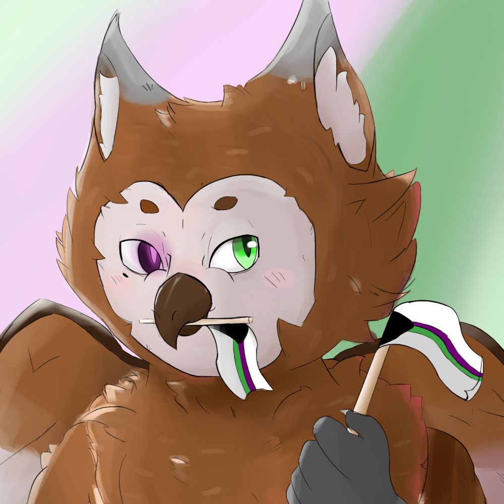 A Brownish Anthropomorphic Owl Gryphon holding a Demiaroace (Demiromantic and Demisexual) on his left hand and another in his beak. the background is a light green and pinkish hue to symbolize the colors of the demiaroace flag 