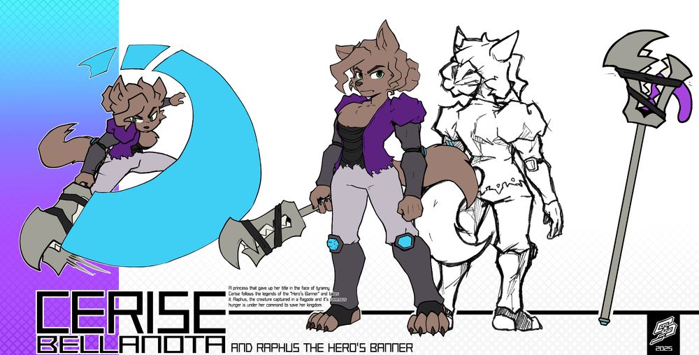 A reference sheet for the Rivals of Aether Workshop original character Cerise Bellanotta. 
Backstory: A princess that gave up her title in the face of tyranny. 
Cerise follows the legends of the "Hero's Banner" and takes it. Raphus, the creature captured in a flagpole and it's ravenous hunger is under her command to save her kingdom.