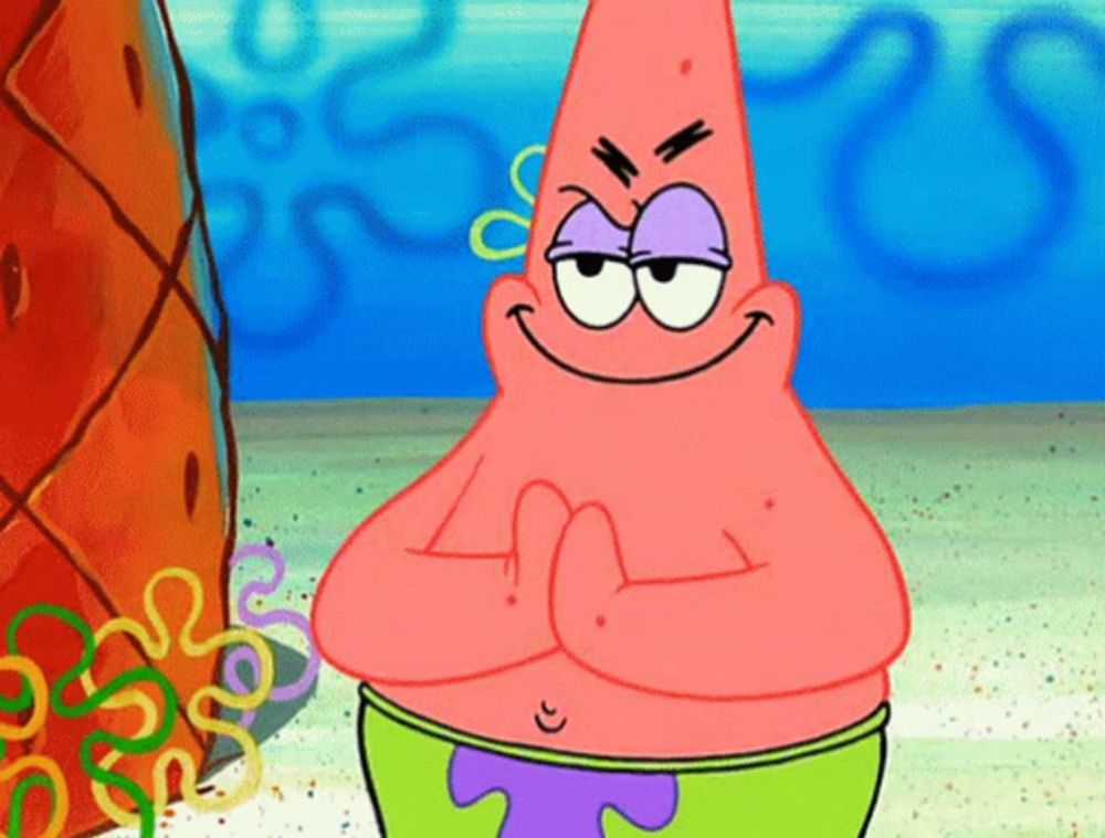 patrick star from spongebob squarepants has his arms crossed and is smiling