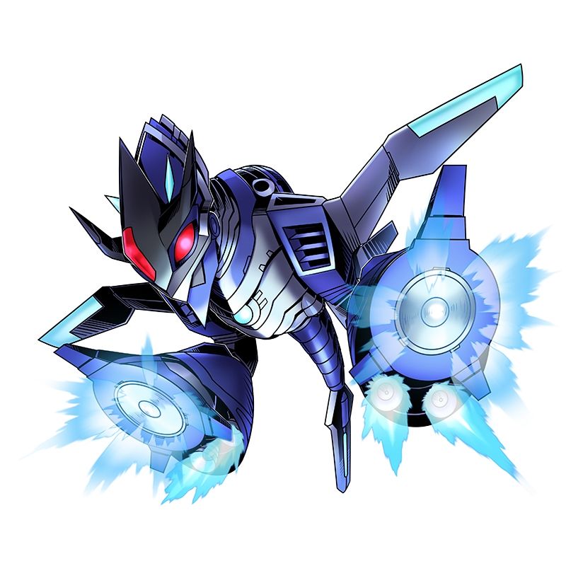 Jazardmon is a small, dragon or birdlike Digimon with a fully mechanized body. Its main body, head, and wings are silver, with the wings also resembling those of a plane. Meanwhile, its lower beak, legs, and tail, as well as the crest on the back of its head and its neck, are all blue. Jazardmon has red eyes and a red panel on its forehead, and small blue parts on the chest and wings. It also has jet boosters at the bottom of its feet.