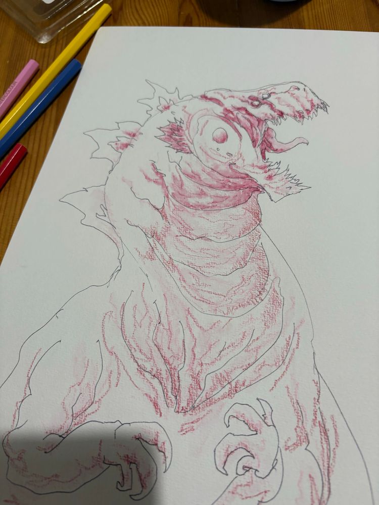 Godzilla watercolour experiment - first tones in watercolour pencil and wash