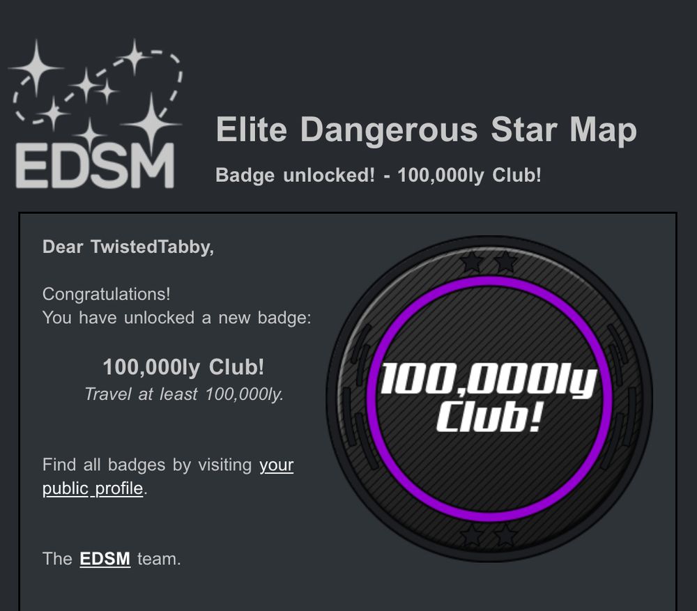 Elite dangerous star map (edsm) accomplishment badge for 100,000 light years traveled. 