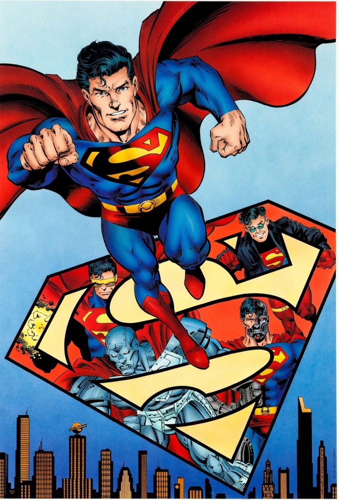 Dan Jurgens Superman flying at camera in front of his shield, in the red portion you can see the four reign of Superman characters. Behind it all is a stylized metropolis skyline.