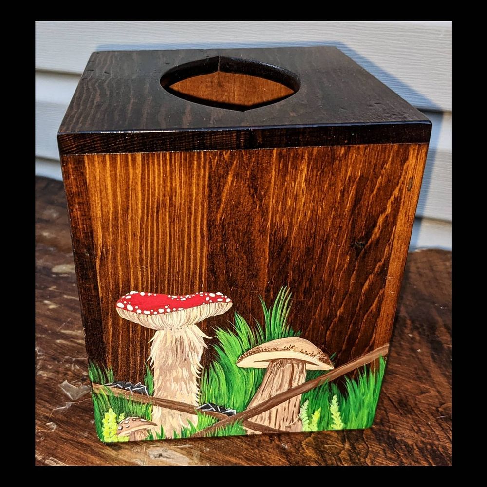 This side of the upcycled tissue box has more of the same mushrooms seen on the other sides (tan bolete looking fungi and the red capped, shaggy stalked fungi). This side has some branches with ants crawling on them.