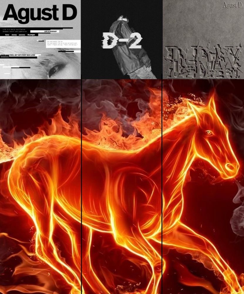 Os três álbuns do Agust D em ordem de lançamento e com a imagem de um cavalo de fogo abaixo para demonstrar que os três foram maravilhosos.

Agust D's three albums in order of release and with the image of a fire horse below to demonstrate that all three were wonderful.