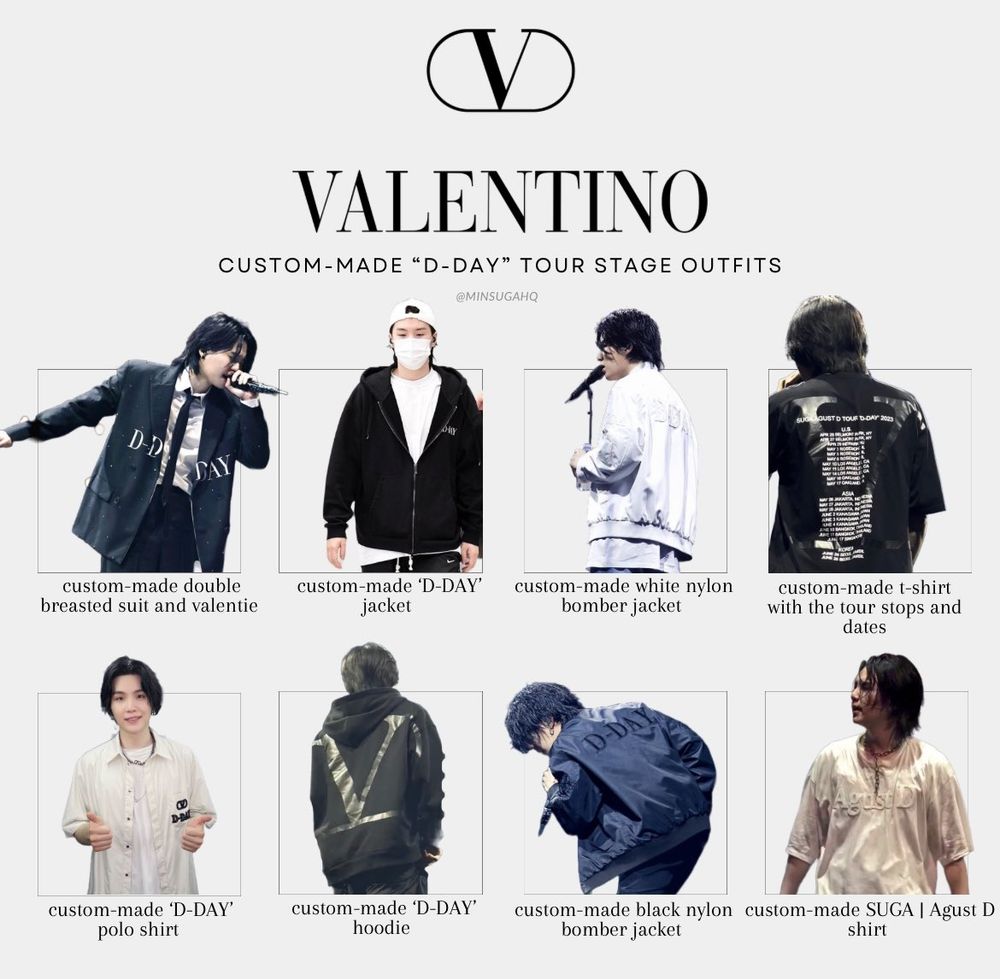Todos os outfits exclusivos da Valentino para Yoongi para a D-Day Tour em 2023.

All of Valentino's exclusive outfits for Yoongi for the D-Day Tour in 2023.