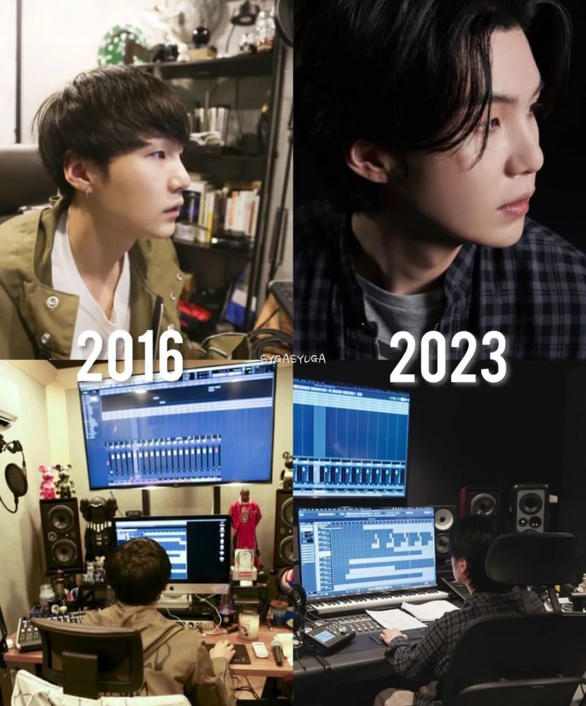 Fotos de antes e depois de Yoongi produzindo músicas em seu estúdio. De 2016 para 2023.

Before and after photos of Yoongi producing music in his studio. From 2016 to 2023.