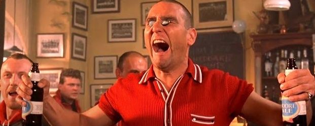 Vinnie Jones hold a bottle of ale in each hand after opening them with his eye sockets in the movie Eurotrip.