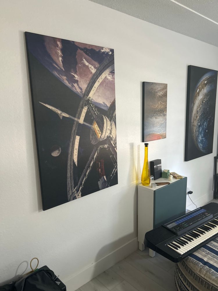 The image is a live picture of one wall in my living room showing a large canvas print of the 2001 space Odyssey clipper leaving the Space station. 