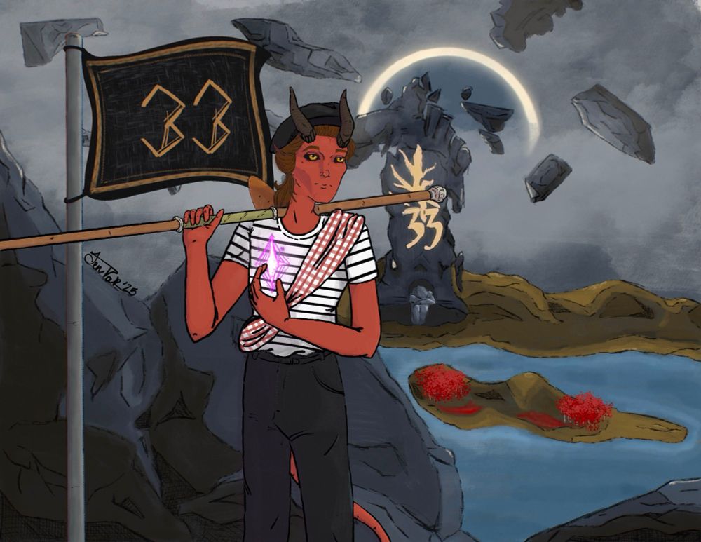 A red tiefling named Rolan stands in front of a gray and damaged landscape. He wears a black and white striped shirt, black pants, a checkered sash that secures a baguette to his back, and a black beret. He carries a wooden staff over his shoulder and has a glowing rhombus in his left hand. Beside him is a flag on a silver pole. The flag is back and gold and emblazoned with the number “33”. In the background is a damaged tower with the same number glowing on it and the figure of a woman, with her head on her knees, sitting in front of the tower. 
