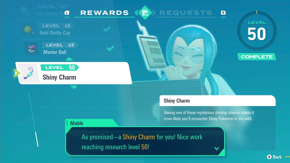 Mable's Research complete in Pokemon Legends ZA with the Shiny Charm as the reward.