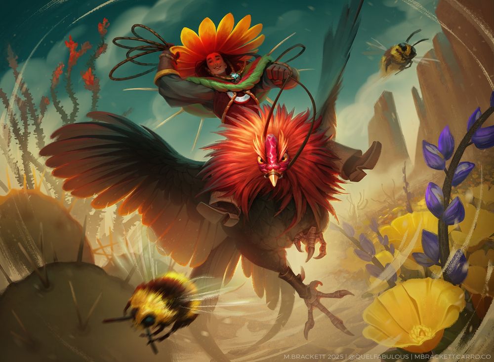 A card-art illustration of a Sonoran desert fae with a lasso ready, riding a bantam gamefowl chicken in hot pursuit of a bumblebee. 