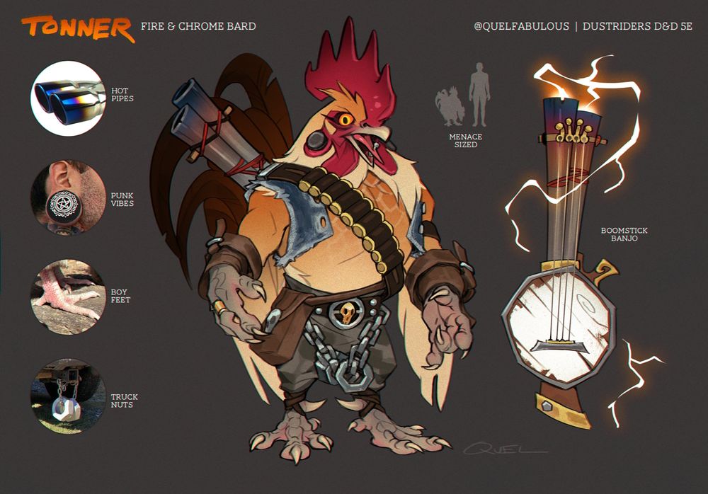 A D&D visual character concept of a serama-inspired bird character.