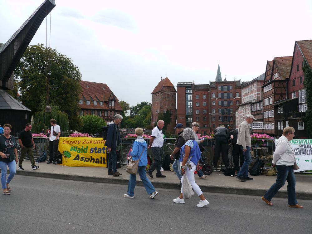 passant*innen laufen an der Demo vorbei oder halten an. Banner Wald statt Asphakt zu sehen. Alter hitorischer Kran des Lüneburg Hafens zu sehen, im Hintergrund das Hotel bergström