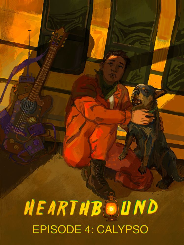 A digitally illustrated poster by Rosenkranz, in a painterly style. Odessa, in orange coveralls and a green bandanna, crouches with Mack, her blue heeler dog, in front of her yellow van on a sandy lot. He's barking at a figure off-screen, whose shadow looms menacingly over the two of them. Next to Odessa is her souped-up radio guitar.