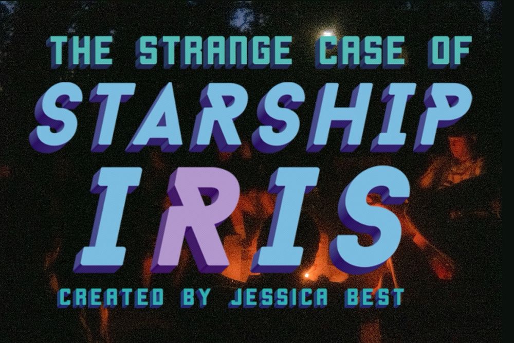 The Strange Case of Starship Iris title over a lo-fi photo of people surrounding a campfire. 