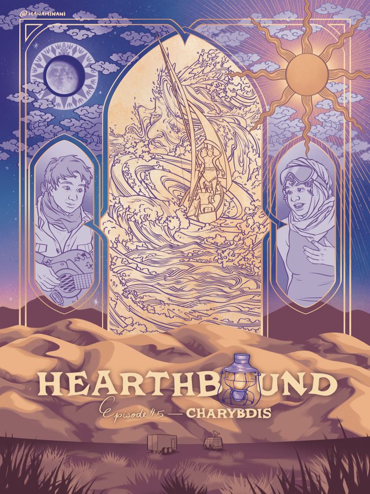 A digitally illustrated poster by Manami Maxted. Three panels show Odessa, Cal, and a tableau of a sailor with the Devil and Madame Brine. In the background, the moon and sun shine over a desert expanse with a small van and a trailer at the very bottom. 