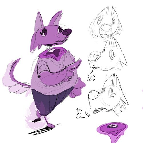 A loose character sheet of a pink ghost werewolf girl with a detachted head.