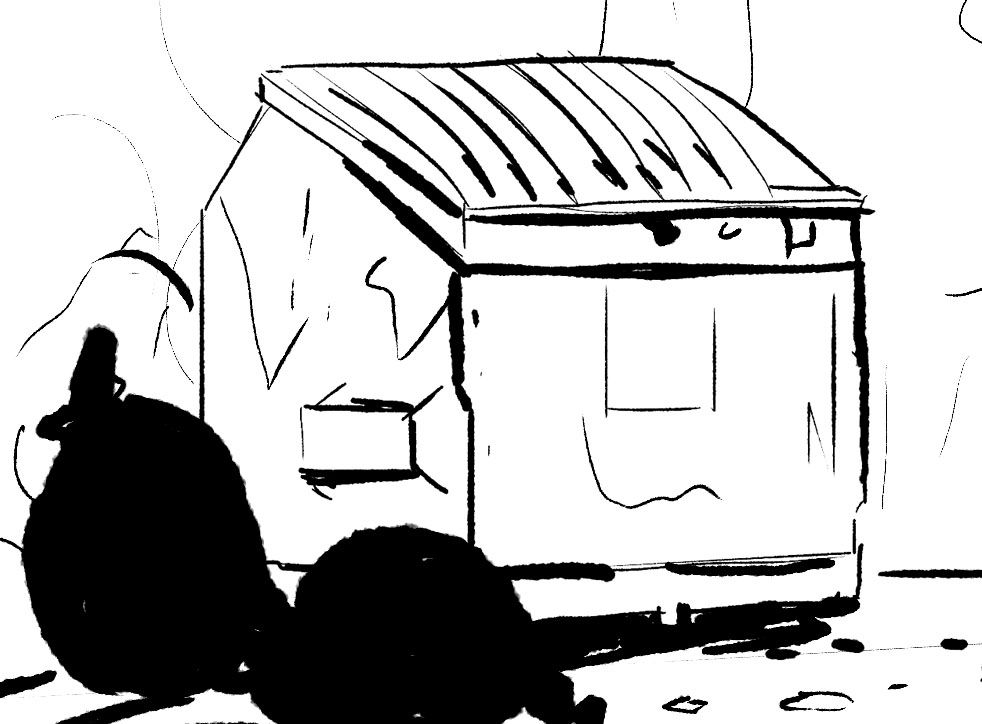 a dumpster in a sketchy black and white style
