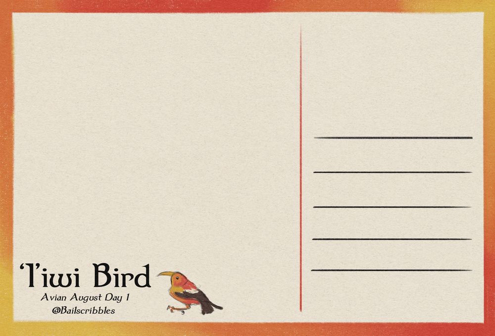 The back of the postcard is split in two, one section for writing, and another for the recipient’s address. There’s a tiny sketch of a ‘I’iwi bird on the bottom left next to text attributing the art to the artist 