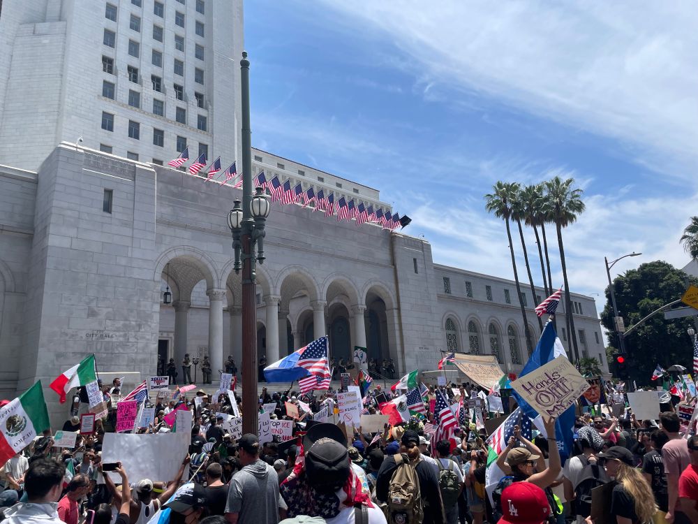 Crowd of protesters waving flags and holding signs in front of LA City Hall. 