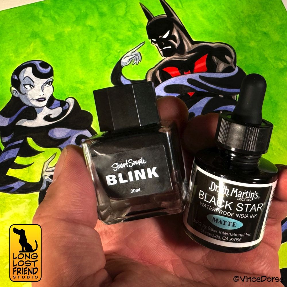 Blink Ink and Dr PH Martin's Black Star Ink in front of an ink and watercolor illustration of Inque and Batman Beyond. Illustration by Vince Dorse.