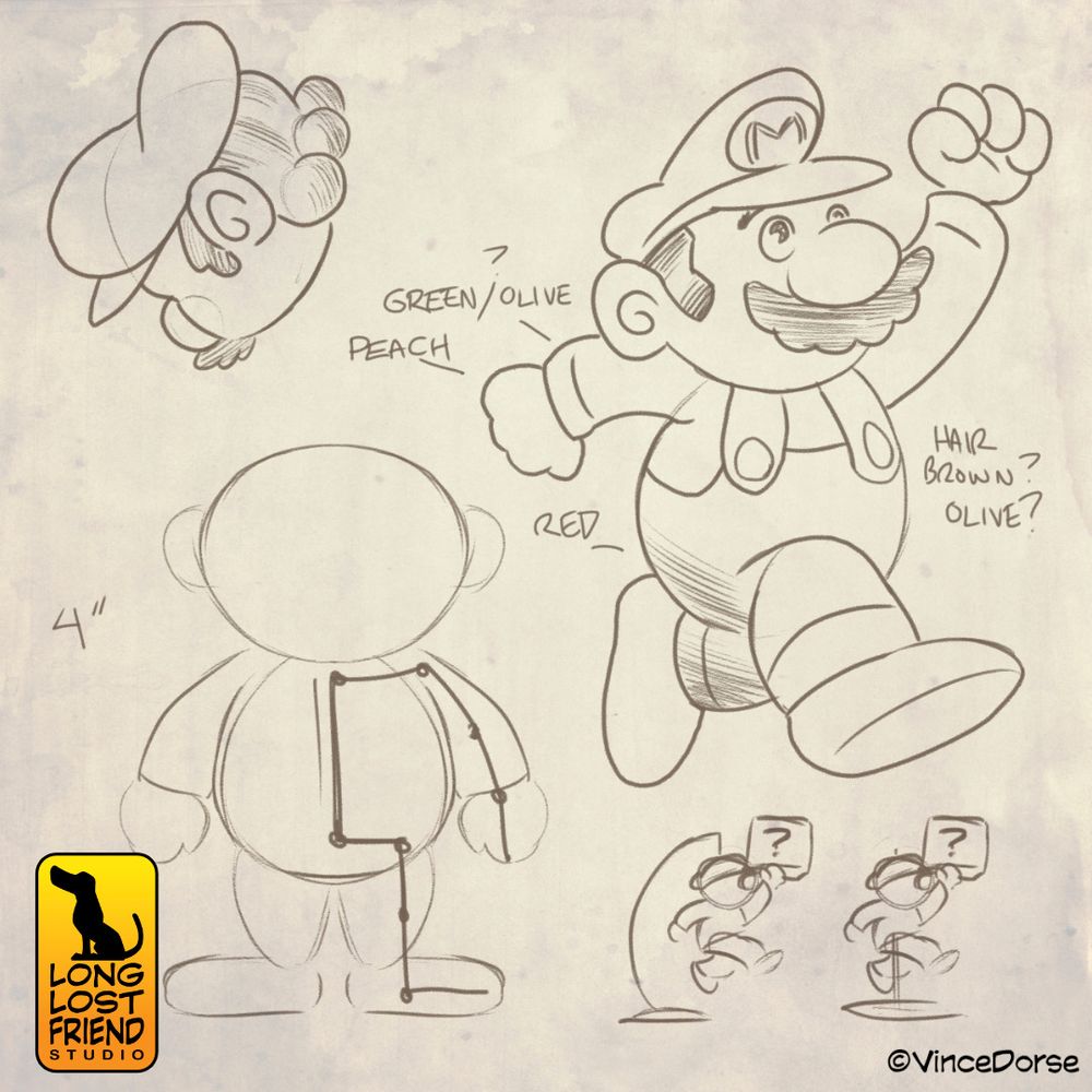 pencilled design sketches for a Super Mario diorama, drawings of Mario running and jumping, different visual suggestions for how to mount the character on a base