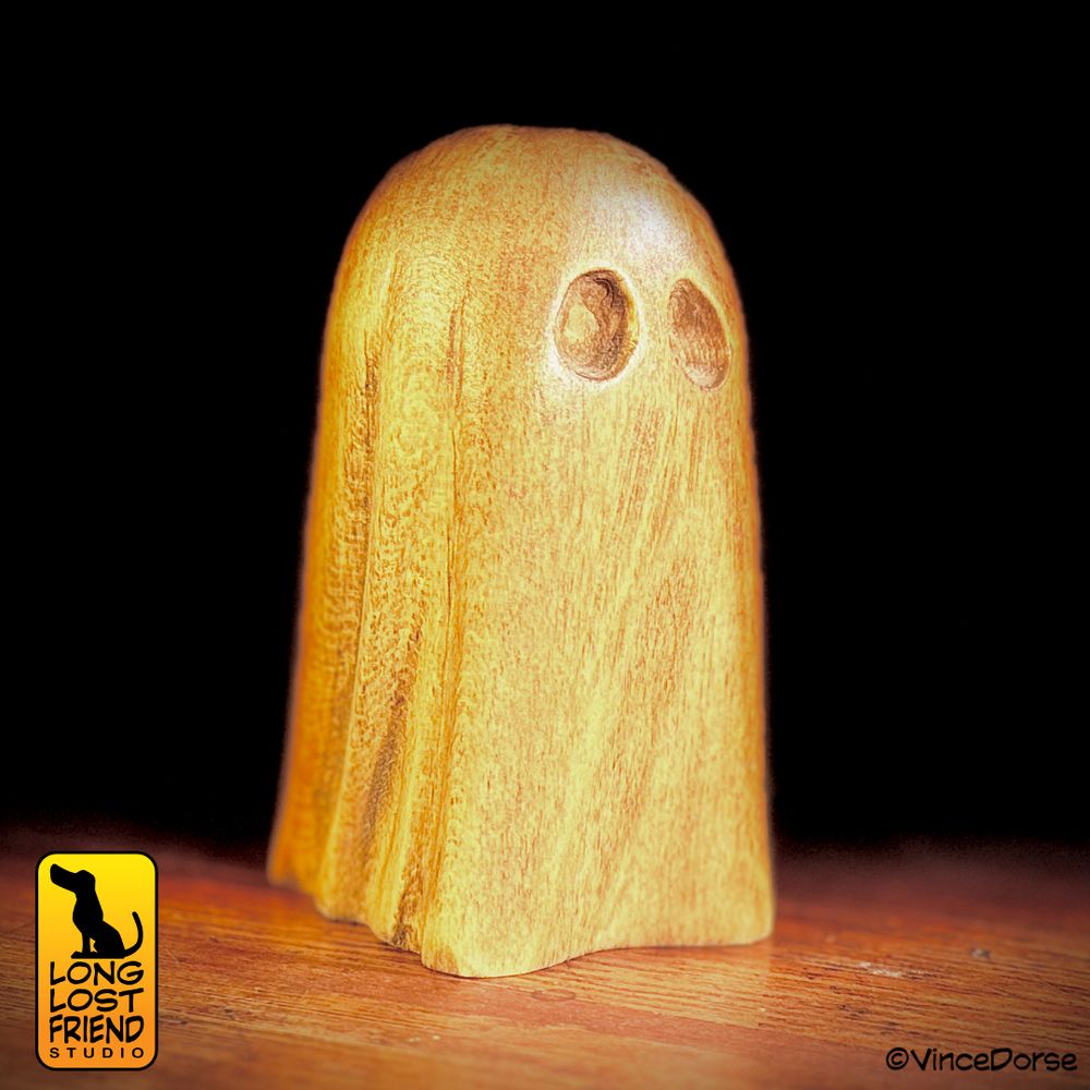 The finished wooden sheet ghost after carving and staining. 